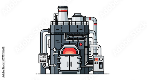 Detailed flat line art illustration of a large industrial boiler machine, a powerful furnace for factory production and energy generation