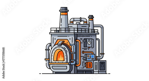 A detailed vector line art illustration of a powerful industrial furnace, boiler, or heavy machinery used in manufacturing and power generation