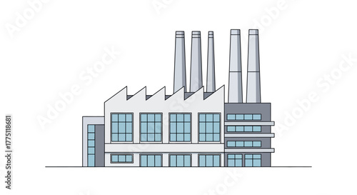 Modern industrial factory building illustration representing manufacturing, production, and energy concepts