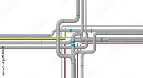Intricate pipeline system illustrating complexity, connection, and industrial infrastructure on a white background