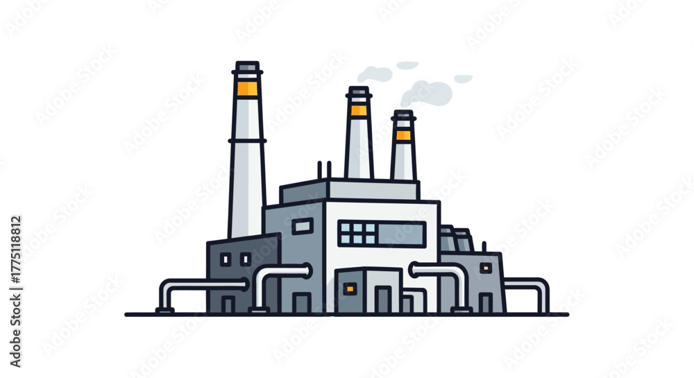 Obraz premium Vector line art icon of a power plant or industrial factory with tall smokestacks emitting smoke, representing manufacturing and energy production