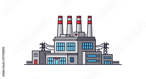Industrial power plant or factory building with tall smokestacks and electrical grid infrastructure, represented as a modern flat line vector illustration
