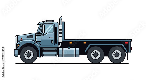 Side profile vector illustration of a heavy-duty flatbed truck. Commercial vehicle for freight, logistics, and transportation, isolated on a white background