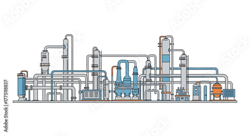 Detailed outline vector illustration of a modern industrial factory, showcasing the intricate systems of a chemical plant or oil refinery