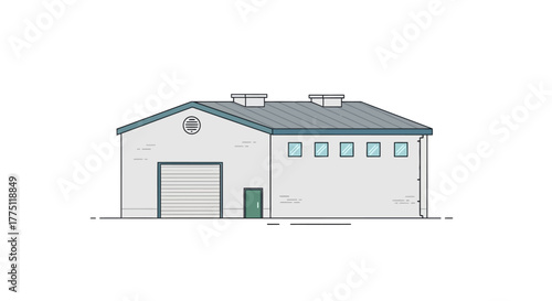 Vector illustration of a modern industrial warehouse building with a large garage door for storage and logistics. Flat line art design isolated on a white background