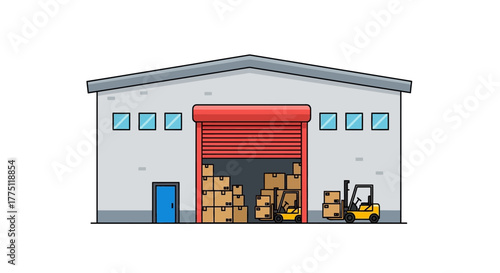 Vector art of a warehouse with an open door showing stacked cardboard boxes and a forklift, representing logistics and inventory management