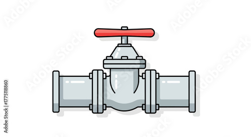 Industrial pipeline gate valve illustration with a red handle, a symbol for controlling and regulating the flow of water or gas