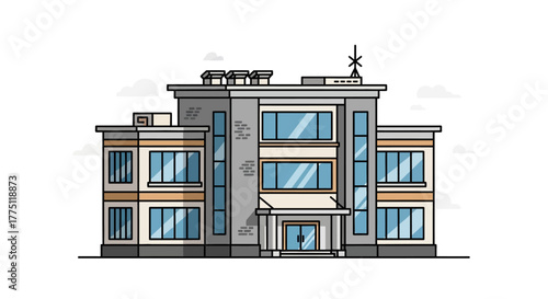Modern multi-story building illustration in a clean flat line art style. Vector graphic of a corporate office, school, or public institution exterior isolated on white