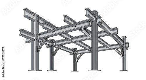 Detailed 3D rendering of an industrial steel frame structure, showing columns and beams for building construction, isolated on a white background