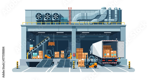 Vector illustration of a modern warehouse loading dock with forklifts loading cargo boxes onto a truck for shipping and freight distribution