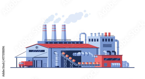 Industrial manufacturing factory with a production conveyor belt, smokestacks emitting smoke, and a delivery truck, isolated vector concept