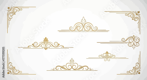 Elegant Gold Flourish Dividers & Ornamental Border Designs | Vintage Decorative Scroll Frames, Classic Victorian Luxury Line Art Elements