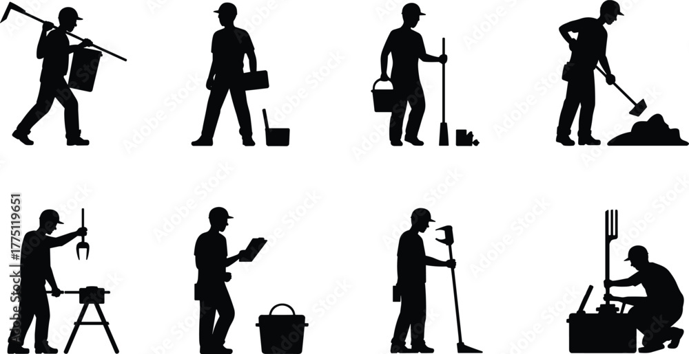 Obraz premium Construction workers silhouettes performing manual labor tasks with tools, equipment, cleaning, maintenance, and industrial activities in black vector styl