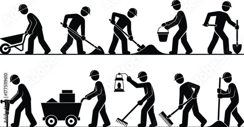 Construction Workers Silhouette Vector Set with Tools, Manual Labor Poses, Industrial Equipment, Hard Hats, Job Site Activities and Actions