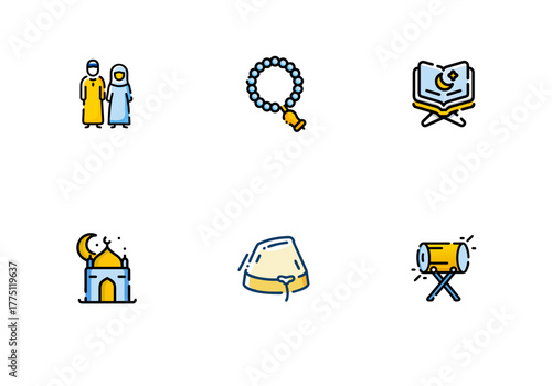 A vibrant icon set depicting Islamic cultural and religious symbols, including a mosque, holy book, prayer beads, and traditional attire for celebration