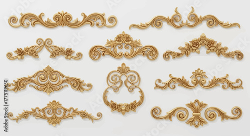 Luxury Gold Baroque Ornaments & Vintage Decorative Flourish Borders | Royal Carved Scroll Frames, Elegant Classic Rococo Design Elements