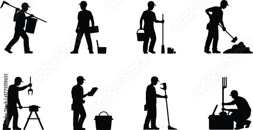 Construction workers silhouettes performing manual labor tasks with tools, equipment, cleaning, maintenance, and industrial activities in black vector styl