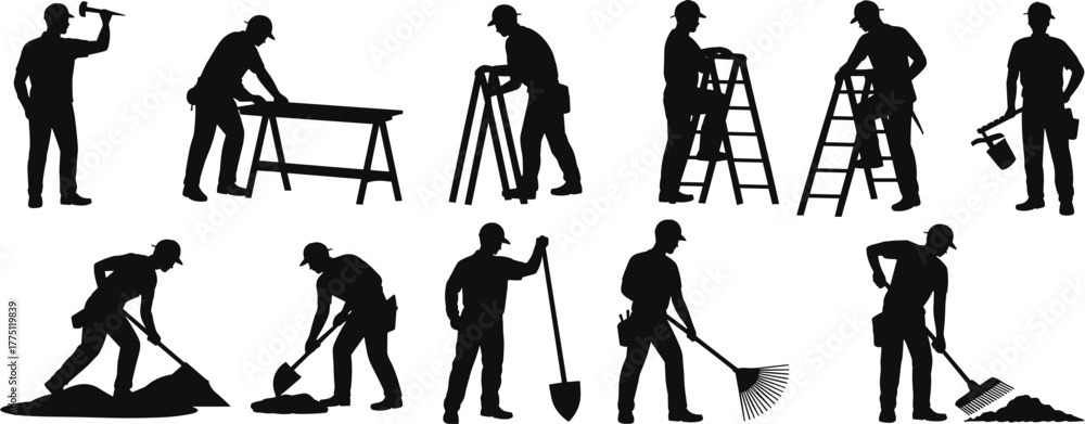 Obraz premium Construction workers silhouettes performing various tasks with tools, labor equipment, safety gear, teamwork, and industrial activity on job site