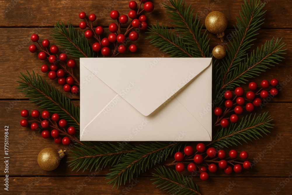 Obraz premium Festive Christmas Greeting Card Surrounded by Red Berries and Pine Branches on Wooden Background