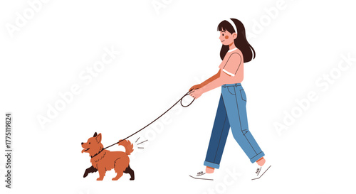 Happy dog on a walk with young woman, enjoying a pleasant day and the sunshine, embracing outdoor