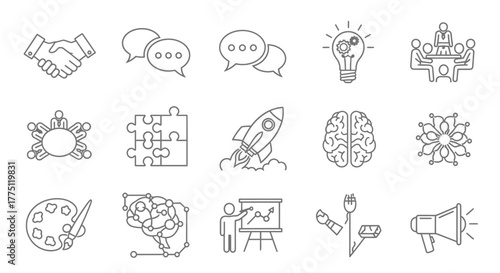 Compilation of conceptual outline icons symbolizing collaboration and creative idea generation