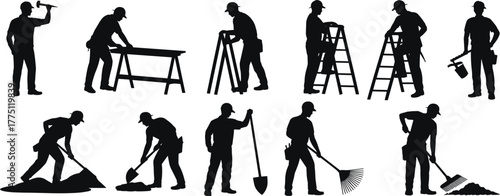 Construction workers silhouettes performing various tasks with tools, labor equipment, safety gear, teamwork, and industrial activity on job site