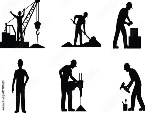 Construction workers silhouettes performing various tasks with tools, machinery, and safety gear on site – industrial labor vector illustration set