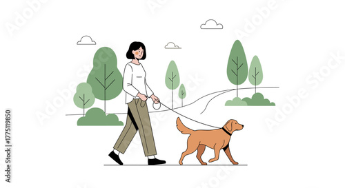 A woman enjoys leisurely stroll with her golden retriever in a stylized park illustration