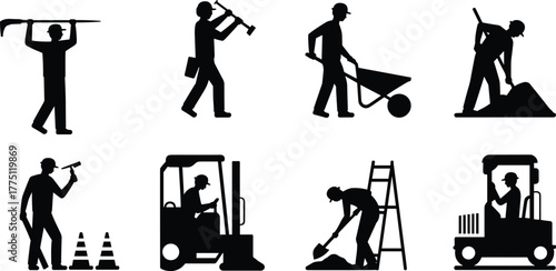 Construction workers silhouettes performing various tasks with tools, machinery, and safety gear on site for industrial, labor, and engineering themes.