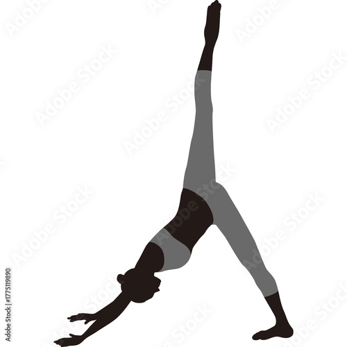 Silhouette Of A Woman Performing A Downward Facing Dog Yoga Pose With One Leg Extended Upwards Against A White Background