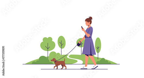 Woman leisurely walking her dog in the park while using her smartphone for communication