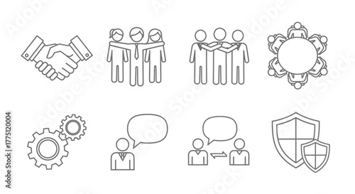 Collection of business themed outline vector icons representing teamwork and partnerships