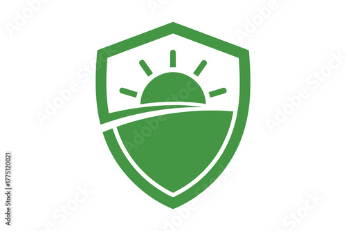 Green shield with sun and landscape, vector art, symbolic Logo