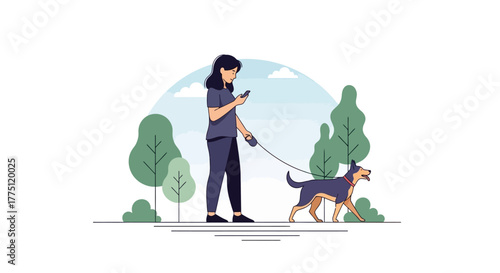 Digital illustration of woman walking dog while using phone in park landscape