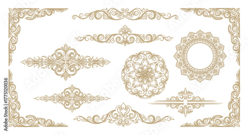 Elegant Gold Flourish Dividers & Ornamental Border Designs | Vintage Decorative Scroll Frames, Classic Victorian Luxury Line Art Elements