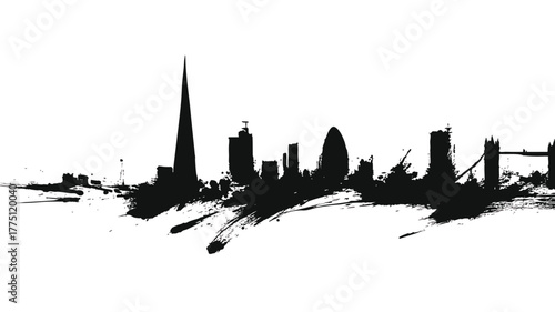 London skyline silhouette with iconic landmarks in dramatic black ink brush stroke grunge painting style