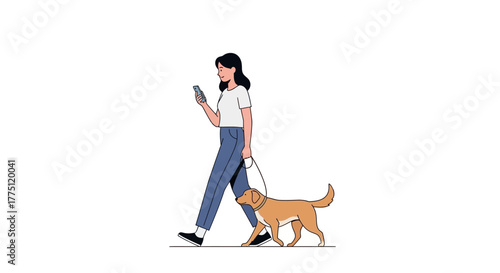 Illustration of a woman walking her dog while using her smartphone on a white background