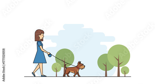Cartoon illustration of a woman walking her dog in a minimalist park setting outdoors