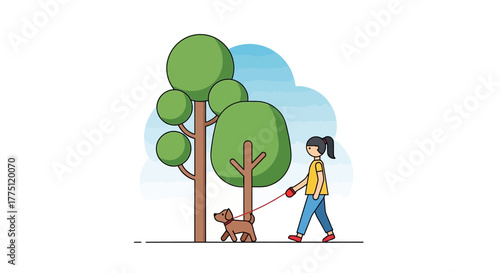 Walking a happy dog in the park with lush trees for a refreshing exercise routine