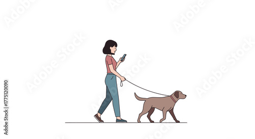 Woman walking her dog while using a phone showing urban lifestyle and technology integration