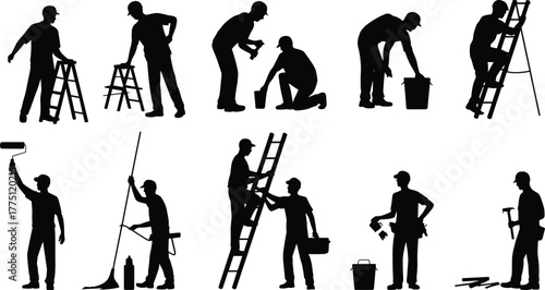 Silhouettes of workers performing maintenance, cleaning, painting, and construction tasks with ladders, tools, buckets, teamwork, and safety gear in action