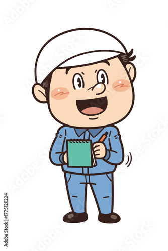 工場や現場で働く作業員がノートにメモを取るイラスト｜不安全行動・不安全状態・労働災害