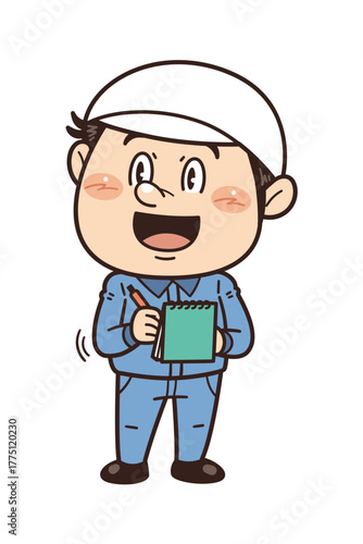 工場や現場で働く作業員がノートにメモを取るイラスト｜不安全行動・不安全状態・労働災害