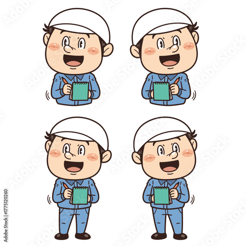 工場や現場で働く作業員がノートにメモを取るイラスト｜不安全行動・不安全状態・労働災害