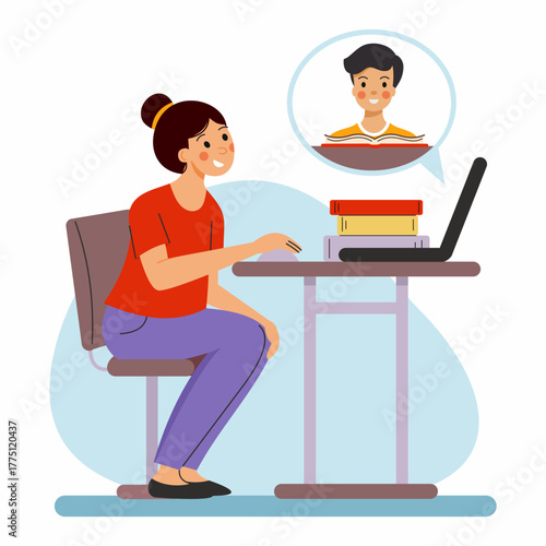 Online learning session with student engaged in virtual class and teacher on screen while studying at home