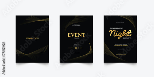 Luxury invitation card background. Golden elegant wavy gold line pattern on black background. Premium design illustration for wedding, vip cover template, grand opening, flyer.