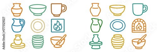 Colorful pottery and tableware illustrations arranged in a grid showcasing various kitchen items and utensils