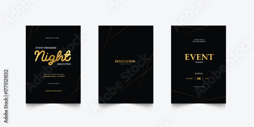 Luxury invitation card background. Golden elegant wavy gold line pattern on black background. Premium design illustration for wedding, vip cover template, grand opening, flyer.