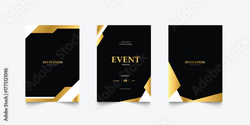 Luxury invitation card background. Golden elegant wavy gold line pattern on black background. Premium design illustration for wedding, vip cover template, grand opening, flyer.
