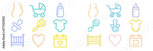 Colorful doodles of baby items and symbols representing parenthood, childcare, and baby care essentials